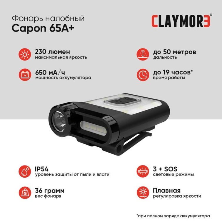 Фонарь налобный CLAYMORE Capon 65A + цв. Black фото 2